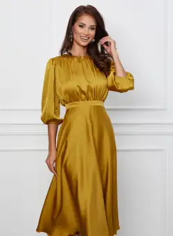 Rochie Dy Fashion galben mustar din satin cu pliuri la bust