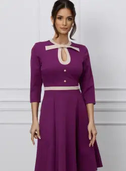 Rochie Dy Fashion mov cu guler si banda bej in talie