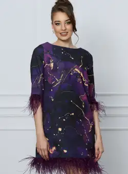 Rochie DY Fashion mov cu imprimeuri bej si pene