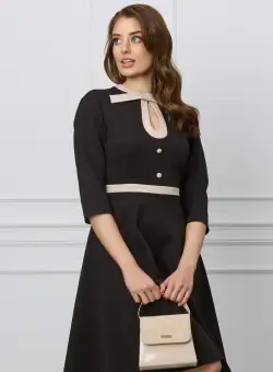 Rochie Dy Fashion neagra cu guler si banda bej in talie
