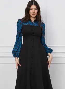 Rochie Dy Fashion neagra cu maneci albastre si nasturi