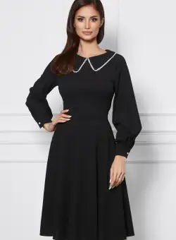 Rochie Dy Fashion neagra din crep cu guler accesorizat