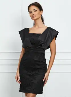 Rochie Dy Fashion neagra din dantela cu tafta pe umeri