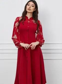 Rochie Dy Fashion rosie cu maneci imprimate si nasturi