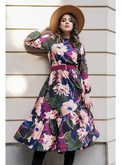 Rochie Dy Fashion verde cu imprimeuri bej si curea in talie