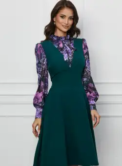 Rochie Dy Fashion verde cu imprimeuri pe maneci si bust