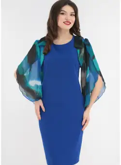 Rochie eleganta albastra cu maneci din voal imprimat