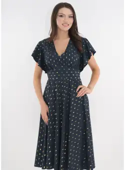 Rochie eleganta clos bleumarin cu print auriu