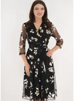 Rochie eleganta clos din mesh negru cu print stralucitor