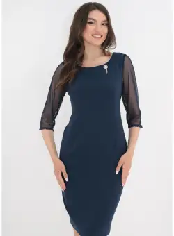 Rochie eleganta din stofa bleumarin cu brosa