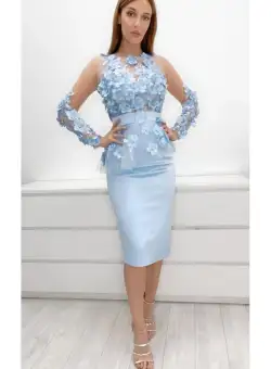 Rochie eleganta din tafta bleu cu broderie florala 3D