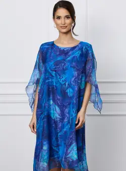 Rochie Elina albastru indigo din voal cu imprimeu turcoaz
