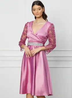 Rochie Ella Collection Adria roz cu dantela florala si cordon in talie