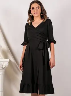 Rochie Ella Collection Arina neagra cu volane si cordon in talie