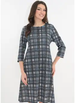 Rochie evazata cu print in carouri albastre-gri