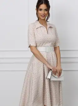 Rochie Gabi bej cu imprimeuri albe si curea in talie