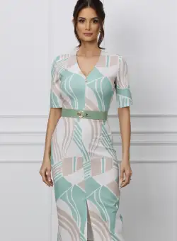 Rochie Geanina alba cu imprimeu verde mint-bej si curea in talie