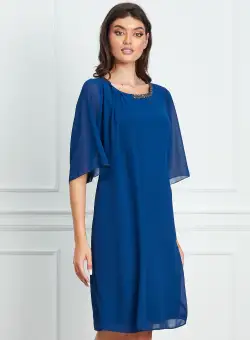 Rochie Gina bleumarin cu pliuri si aplicatie la baza gatului