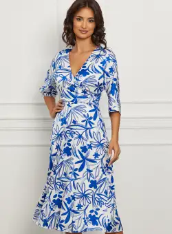 Rochie Ginette alba cu imprimeu floral albastru