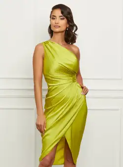 Rochie Ginette verde lime din satin cu pliuri pe talie