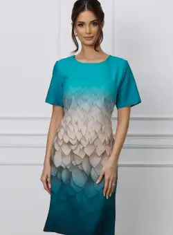 Rochie Ilona turcoaz cu imprimeuri bej