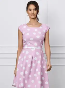 Rochie Iseline lila cu buline albe si curea in talie