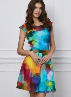 Rochie Iseline multicolora cu imprimeu mozaic curea in talie