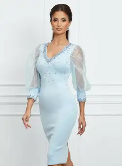 Rochie Laura bleu din neopren cu perlute si maneci din organza