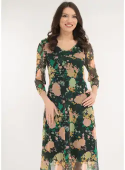 Rochie lejera din tulle negru cu print floral roz-verde