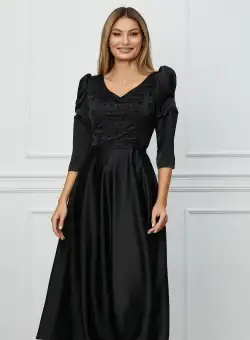 Rochie Lidia neagra cu flori 3D si perle pe bust