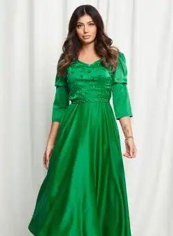 Rochie Lidia verde cu flori 3D si perle pe bust
