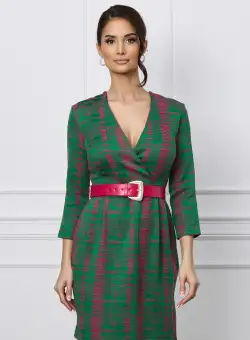 Rochie Lizzie verde cu imprimeuri fucsia si curea in talie
