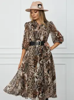 Rochie Lorena maro cu print snake si curea in talie