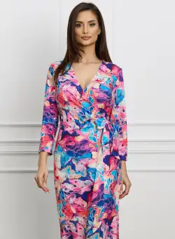 Rochie Lorena multicolora cu imprimeuri roz