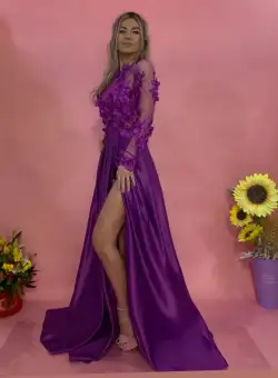 Rochie lunga de ocazie din tafta cu partea superioara din broderie florala 3D