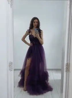 Rochie lunga din tull cu broderie florala 3D