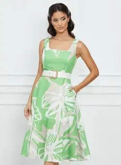 Rochie Mara verde cu imprimeu bej si curea in talie