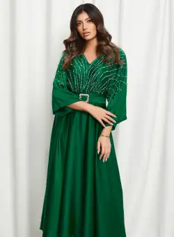 Rochie Mara verde cu strasuri pe bust si curea in talie