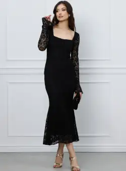 Rochie Maria neagra midi din dantela