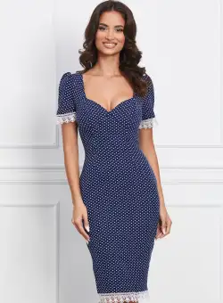 Rochie MBG bleumarin cu buline si dantela la maneci si baza