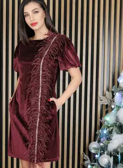 Rochie MBG bordo din catifea cu pene