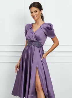 Rochie MBG lila cu umeri bufanti si broderie in talie