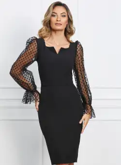 Rochie MBG neagra cu buline catifelate pe maneci