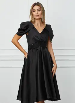 Rochie MBG neagra cu umeri bufanti si broderie in talie