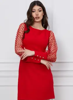 Rochie MBG rosie cu buline catifelate pe maneci