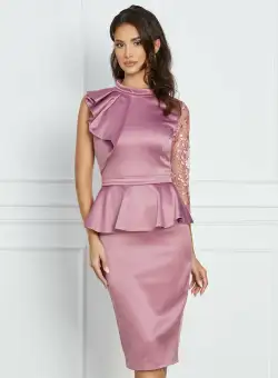 Rochie MBG roz cu o maneca din dantela si peplum in talie