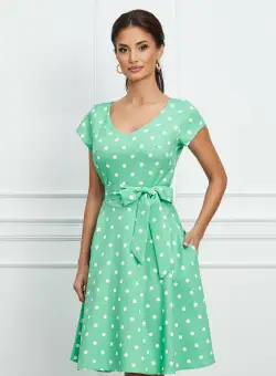 Rochie Mihaela verde mint cu buline si cordon in talie