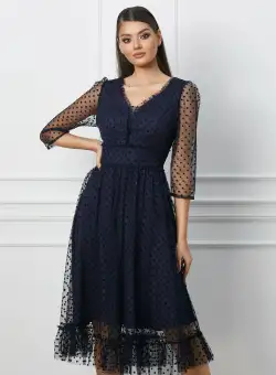 Rochie Minerva bleumarin cu buline catifelate