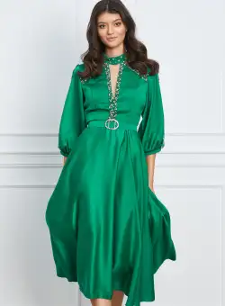 Rochie Mirabela verde cu strasuri si tull la bust