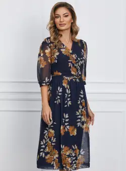 Rochie Miruna bleumarin cu imprimeuri galbene